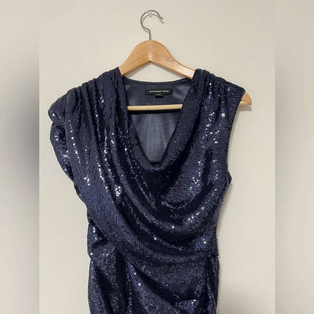 Alexander Wang Midnight Blue Sequin Mini Cowl Neck Cocktail Dress - Picture 2 of 9